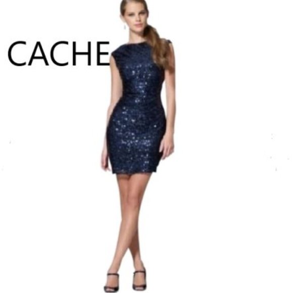 Cache Navy Open Back Sequin Dress - Picture 2 of 15